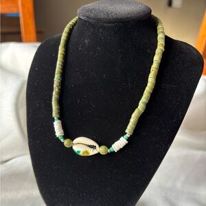 Handcrafted Green Beaded Necklace with Shell Pendant